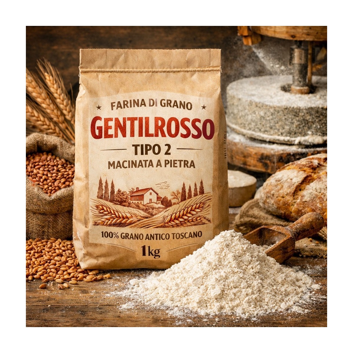 1 Kg Farina di Grano tenero  tipo 2 "Varietà Gentilrosso"  (molitura a pietra)