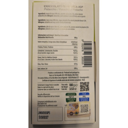 100 gr Cacao al Pistacchio - Cioccolato di Modica IGP