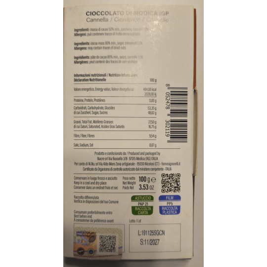 100 gr Cocoa with cinnamon - Modica IGP chocolate